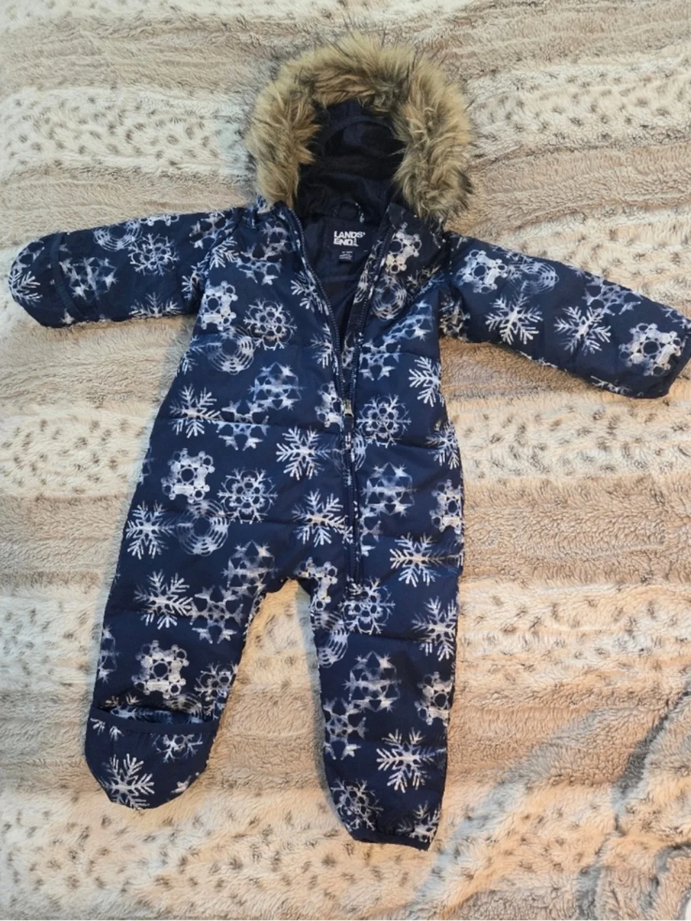 Lands' End Navy Snowflake One-Piece Snowsuit / Baby Bunting with Faux-Fur Hood